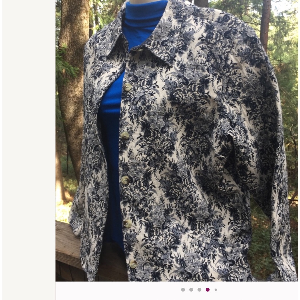 Women's Blue &Cream,Oversized  box cut brocade Blazer Jacket - Picture 4 of 9